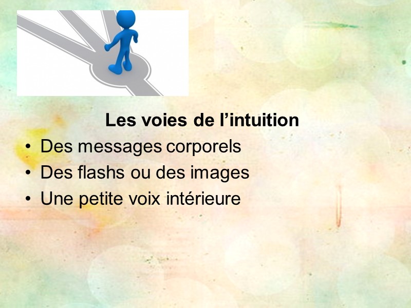 Les voies de l’intuition  Des messages corporels Des flashs ou des images Une